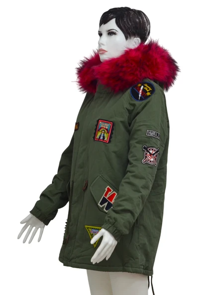 BOGNER Kırmızı Kürklü Cricket Logolu Yeşil Kalın Kapüşonlu İçi Kürklü Kadın Askeri Mont Kaban XXL - 3