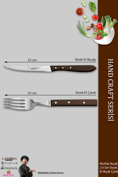 LAZBİSA Hand Caft Serisi Steak Et Yemek Kahvaltı Çatalı 2 Li Set Mutfak Bıçak Seti ( Mzt-063 ) - 2