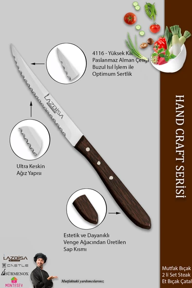 LAZBİSA Hand Caft Serisi Steak Et Yemek Kahvaltı Çatalı 2 Li Set Mutfak Bıçak Seti ( Mzt-063 ) - 3