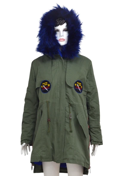 BOGNER Mavi Kürklü Cricket Logolu Yeşil Kalın Kapüşonlu İçi Kürklü Kadın Askeri Mont Kaban 3XL