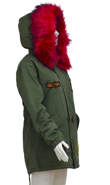 BOGNER Kırmızı Kürklü Cricket Logolu Yeşil Kalın Kapüşonlu İçi Kürklü Kadın Askeri Mont Kaban XXL - 2