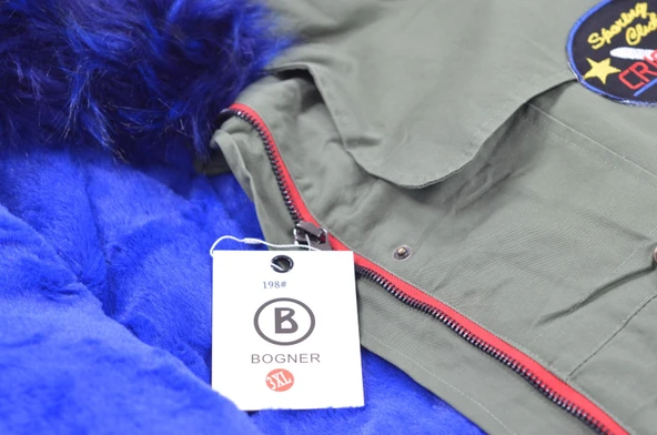 BOGNER Mavi Kürklü Cricket Logolu Yeşil Kalın Kapüşonlu İçi Kürklü Kadın Askeri Mont Kaban 3XL - 4