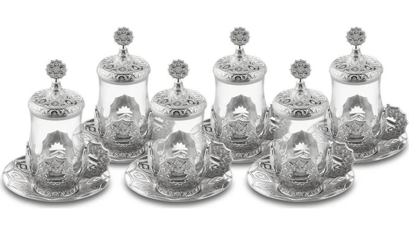 Selçuklu 6 Kişilik 24 Parça Gümüş Renkli Çay Bardağı Sunum Seti