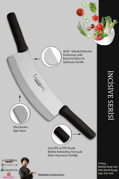 LAZBİSA İncisive Serisi Mutfak Bıçak Seti Zırh Bıçağı Kıyma Pizza Satırı Kıyma Doğrayıcı 3 Lü Set (MFT-786) - 3