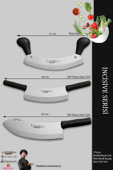 LAZBİSA İncisive Serisi Mutfak Bıçak Seti Zırh Bıçağı Kıyma Pizza Satırı Kıyma Doğrayıcı 3 Lü Set (MFT-786) - 2