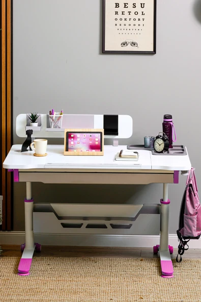 Creo Mobili Yükseklik ve Eğim Ayarlı, Sirius Standart Bilgisayar, Ofis ve Çalışma Masası Beyaz/Fuşya