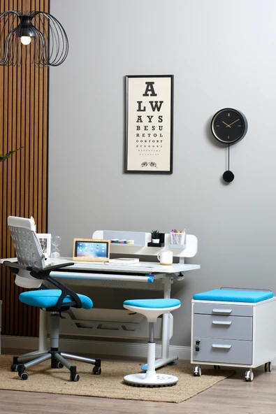 Creo Mobili Yükseklik ve Eğim Ayarlı, Vega Premium Bilgisayar ve Çalışma Masası Takımı Beyaz/Mavi