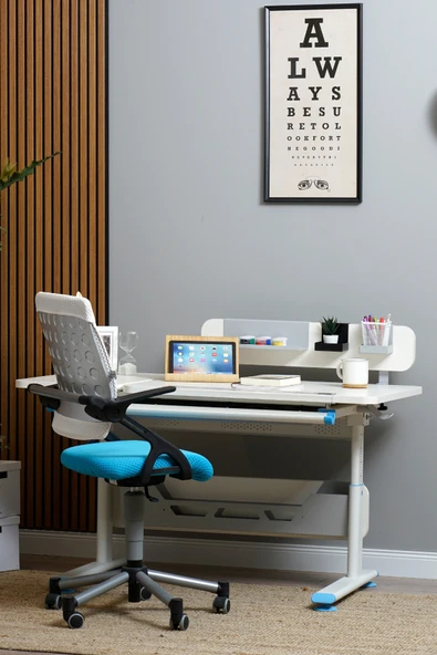 Creo Mobili Yükseklik ve Eğim Ayarlı, Vega Advanced Bilgisayar ve Çalışma Masası Takımı Ekru/Mavi - 3