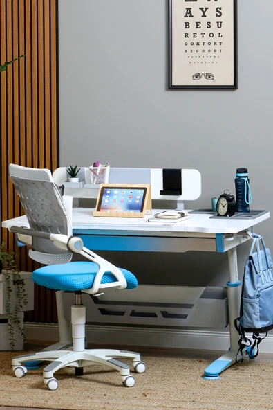 Creo Mobili Yükseklik ve Eğim Ayarlı, Sirius Advanced Bilgisayar ve Çalışma Masası Takımı Beyaz/Mavi - Resim 2