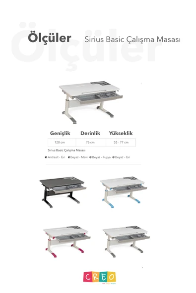 Creo Mobili Yükseklik ve Eğim Ayarlı, Çekmeceli, Sirius Basic Çalışma Masası 120x75 cm, Ekru/Gri - 8