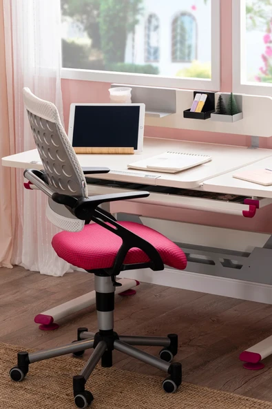 Creo Mobili Yükseklik ve Eğim Ayarlı, Vega Premium Bilgisayar ve Çalışma Masası Takımı Beyaz/Fuşya - Resim 5