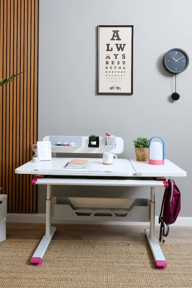 Creo Mobili Yükseklik ve Eğim Ayarlı, Vega Standart Bilgisayar, Ofis ve Çalışma Masası Beyaz/Fuşya