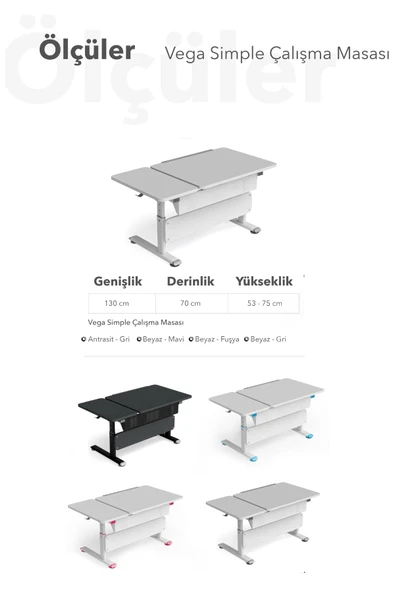 Creo Mobili Yükseklik ve Eğim Ayarlı, Vega Simple Çalışma Masası - 130x70 cm, Ekru/Mavi - 7