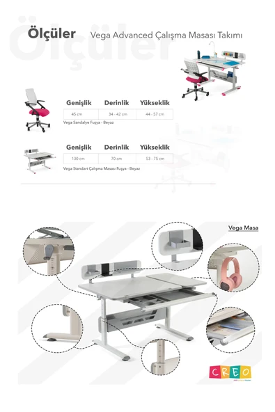 Creo Mobili Yükseklik ve Eğim Ayarlı, Vega Advanced Bilgisayar ve Çalışma Masası Takımı Beyaz/Fuşya - 8