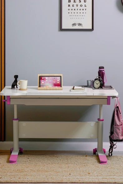 Creo Mobili Yükseklik ve Eğim Ayarlı, Çekmeceli, Sirius Basic Çalışma Masası 120x75 cm, Ekru/Fuşya