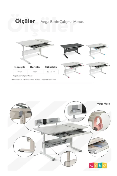 Creo Mobili Yükseklik ve Eğim Ayarlı, Çekmeceli, Vega Basic Çalışma Masası 130x70 cm, Antrasit/Gri - 8
