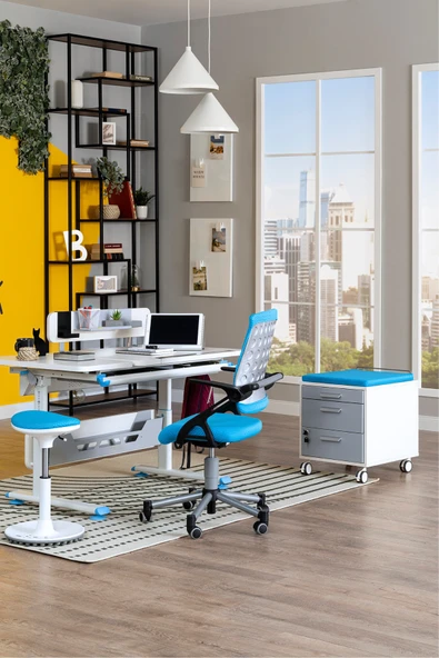 Creo Mobili Yükseklik ve Eğim Ayarlı, Vega Delüx Bilgisayar ve Çalışma Masası Takımı Beyaz/Mavi - Resim 6