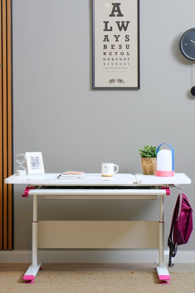 Creo Mobili Yükseklik ve Eğim Ayarlı, Çekmeceli, Vega Basic Çalışma Masası 130x70 cm, Beyaz/Fuşya