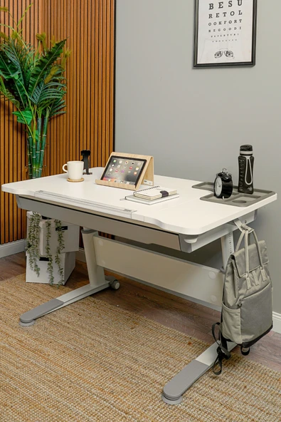 Creo Mobili Yükseklik ve Eğim Ayarlı, Çekmeceli, Sirius Basic Çalışma Masası 120x75 cm, Ekru/Gri - 3