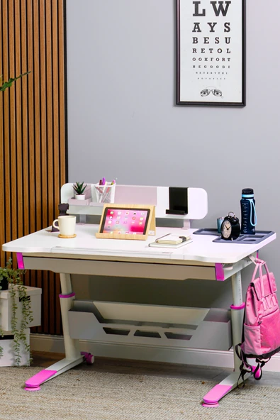 Creo Mobili Yükseklik ve Eğim Ayarlı, Sirius Standart Bilgisayar, Ofis ve Çalışma Masası Ekru/Fuşya - 3