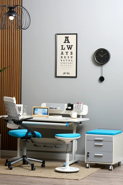 Creo Mobili Yükseklik ve Eğim Ayarlı, Çekmeceli, Vega Basic Çalışma Masası 130x70 cm, Ekru/Mavi - 7