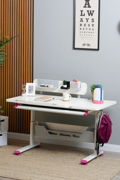 Creo Mobili Yükseklik ve Eğim Ayarlı, Vega Standart Bilgisayar, Ofis ve Çalışma Masası Ekru/Fuşya - 5