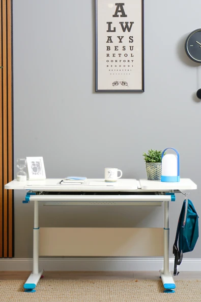 Creo Mobili Yükseklik ve Eğim Ayarlı, Çekmeceli, Vega Basic Çalışma Masası 130x70 cm, Ekru/Mavi - 2