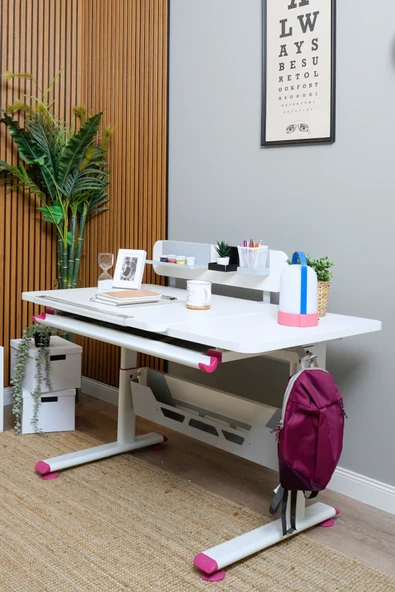 Creo Mobili Yükseklik ve Eğim Ayarlı, Vega Standart Bilgisayar, Ofis ve Çalışma Masası Beyaz/Fuşya - Resim 3