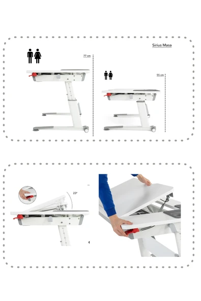Creo Mobili Yükseklik ve Eğim Ayarlı, Çekmeceli, Sirius Basic Çalışma Masası 120x75 cm, Ekru/Gri - 7