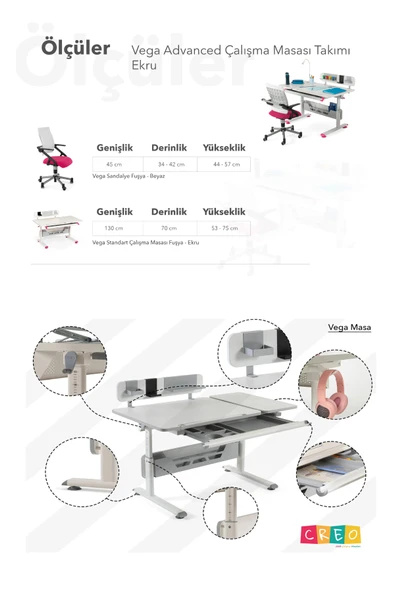 Creo Mobili Yükseklik ve Eğim Ayarlı, Vega Advanced Bilgisayar ve Çalışma Masası Takımı Ekru/Fuşya - 8
