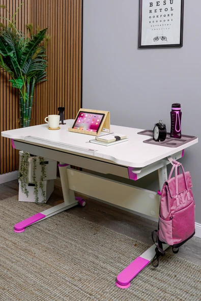 Creo Mobili Yükseklik ve Eğim Ayarlı, Çekmeceli, Sirius Basic Çalışma Masası 120x75 cm, Ekru/Fuşya - 3