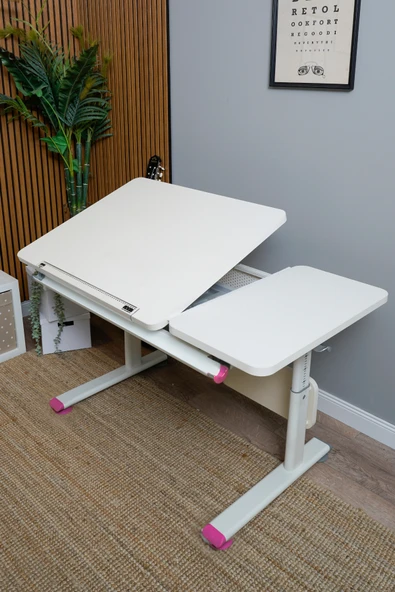 Creo Mobili Yükseklik ve Eğim Ayarlı, Vega Simple Çalışma Masası - 130x70 cm, Ekru/Fuşya - 2