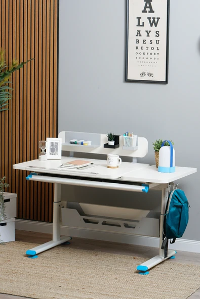 Creo Mobili Yükseklik ve Eğim Ayarlı, Vega Standart Bilgisayar, Ofis ve Çalışma Masası Ekru/Mavi - Resim 4