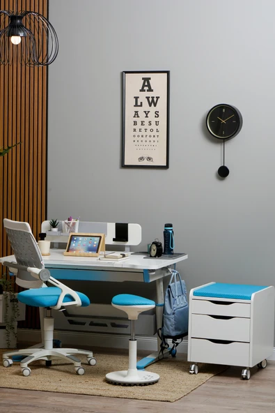 Creo Mobili Yükseklik ve Eğim Ayarlı, Çekmeceli, Sirius Basic Çalışma Masası 120x75 cm, Ekru/Mavi - 5