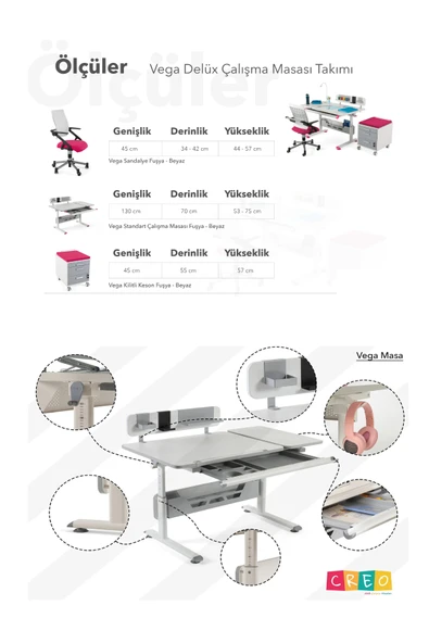 Creo Mobili Yükseklik ve Eğim Ayarlı, Vega Delüx Bilgisayar ve Çalışma Masası Takımı Beyaz/Fuşya - 8