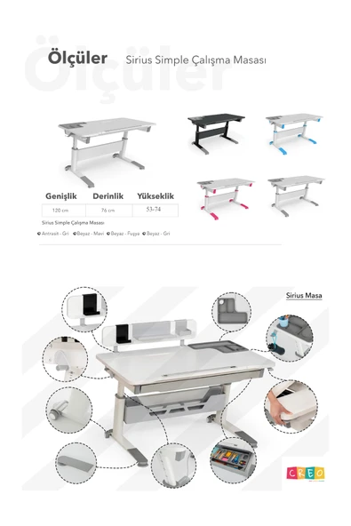 Creo Mobili Yükseklik ve Eğim Ayarlı, Sirius Simple Bilgisayar, Ofis ve Çalışma Masası Beyaz/Fuşya - 8