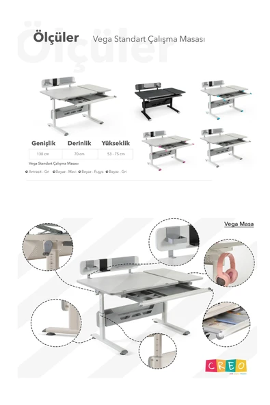 Creo Mobili Yükseklik ve Eğim Ayarlı, Vega Standart Bilgisayar, Ofis ve Çalışma Masası Beyaz/Gri - 8
