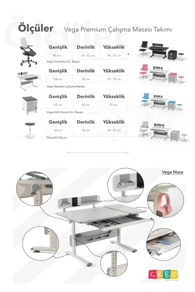 Creo Mobili Yükseklik ve Eğim Ayarlı, Vega Premium Bilgisayar ve Çalışma Masası Takımı Ekru/Antrasit - 8