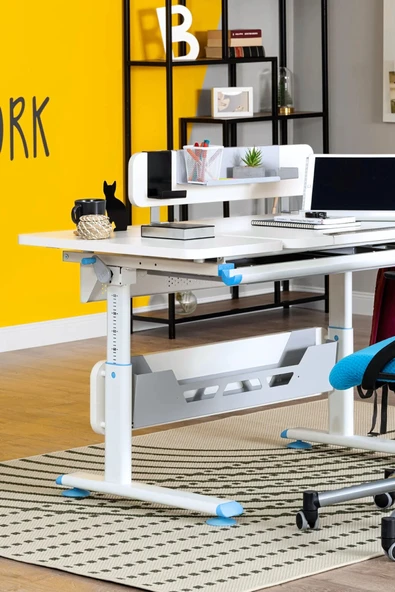 Creo Mobili Yükseklik ve Eğim Ayarlı, Vega Standart Bilgisayar, Ofis ve Çalışma Masası Beyaz/Mavi - Resim 5