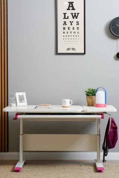 Creo Mobili Yükseklik ve Eğim Ayarlı, Vega Simple Çalışma Masası - 130x70 cm, Ekru/Fuşya - 3