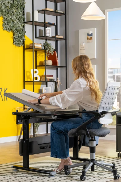 Creo Mobili Yükseklik ve Eğim Ayarlı, Çekmeceli, Vega Basic Çalışma Masası 130x70 cm, Antrasit/Gri - 2