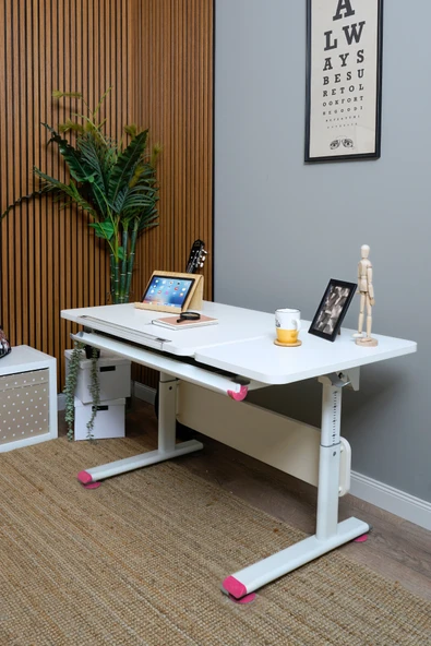 Creo Mobili Yükseklik ve Eğim Ayarlı, Vega Simple Çalışma Masası - 130x70 cm, Beyaz/Fuşya - 4