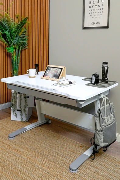 Creo Mobili Yükseklik ve Eğim Ayarlı, Çekmeceli, Sirius Basic Çalışma Masası 120x75 cm, Beyaz/Gri - 3
