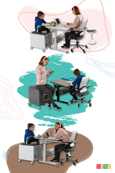 Creo Mobili Yükseklik ve Eğim Ayarlı, Çekmeceli, Vega Basic Çalışma Masası 130x70 cm, Ekru/Mavi - 8