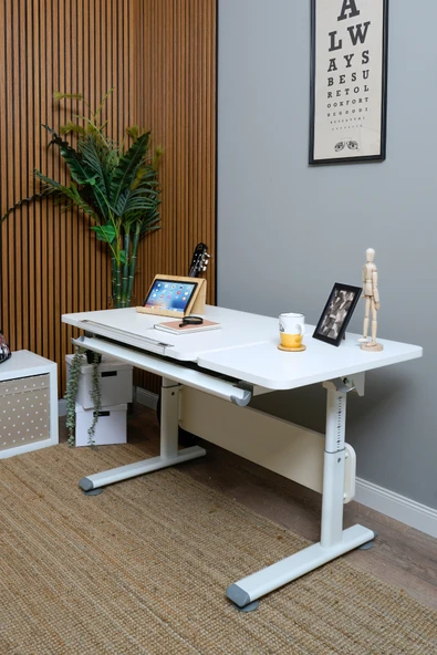 Creo Mobili Yükseklik ve Eğim Ayarlı, Vega Simple Çalışma Masası - 130x70 cm, Beyaz/Gri - 3