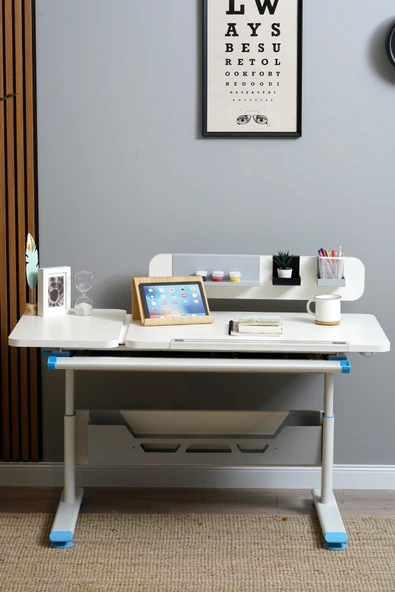 Creo Mobili Yükseklik ve Eğim Ayarlı, Vega Standart Bilgisayar, Ofis ve Çalışma Masası Ekru/Mavi ürün görseli 1