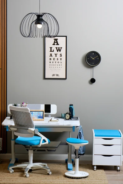 Creo Mobili Yükseklik ve Eğim Ayarlı, Sirius Premium Bilgisayar ve Çalışma Masası Takımı Beyaz/Mavi