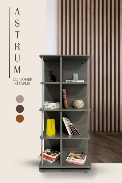 Creo Mobili Modüler Raflı Astrum 2'li Ev ve Ofis Kitaplığı, Modern Ahşap Döner Kitaplık, Antrasit