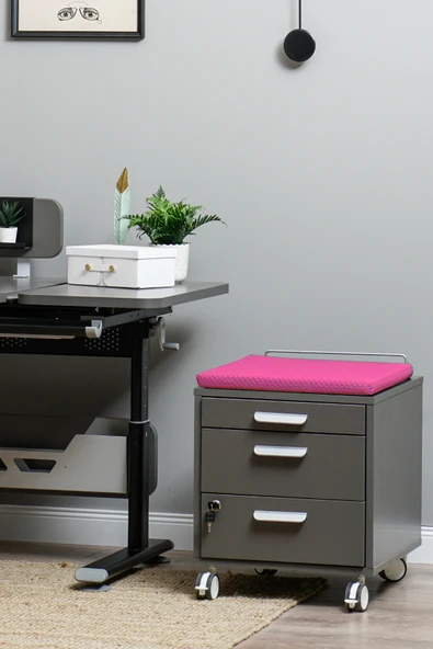 Creo Mobili Çekmeceli Kilitli Tekerlekli Vega Keson, Oturulabilir Ofis ve Ev Komodini Antrasit/Fuşya - 3