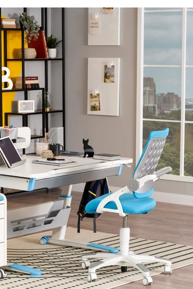 Creo Mobili Yükseklik ve Eğim Ayarlı, Sirius Premium Bilgisayar ve Çalışma Masası Takımı Ekru/Mavi - 5